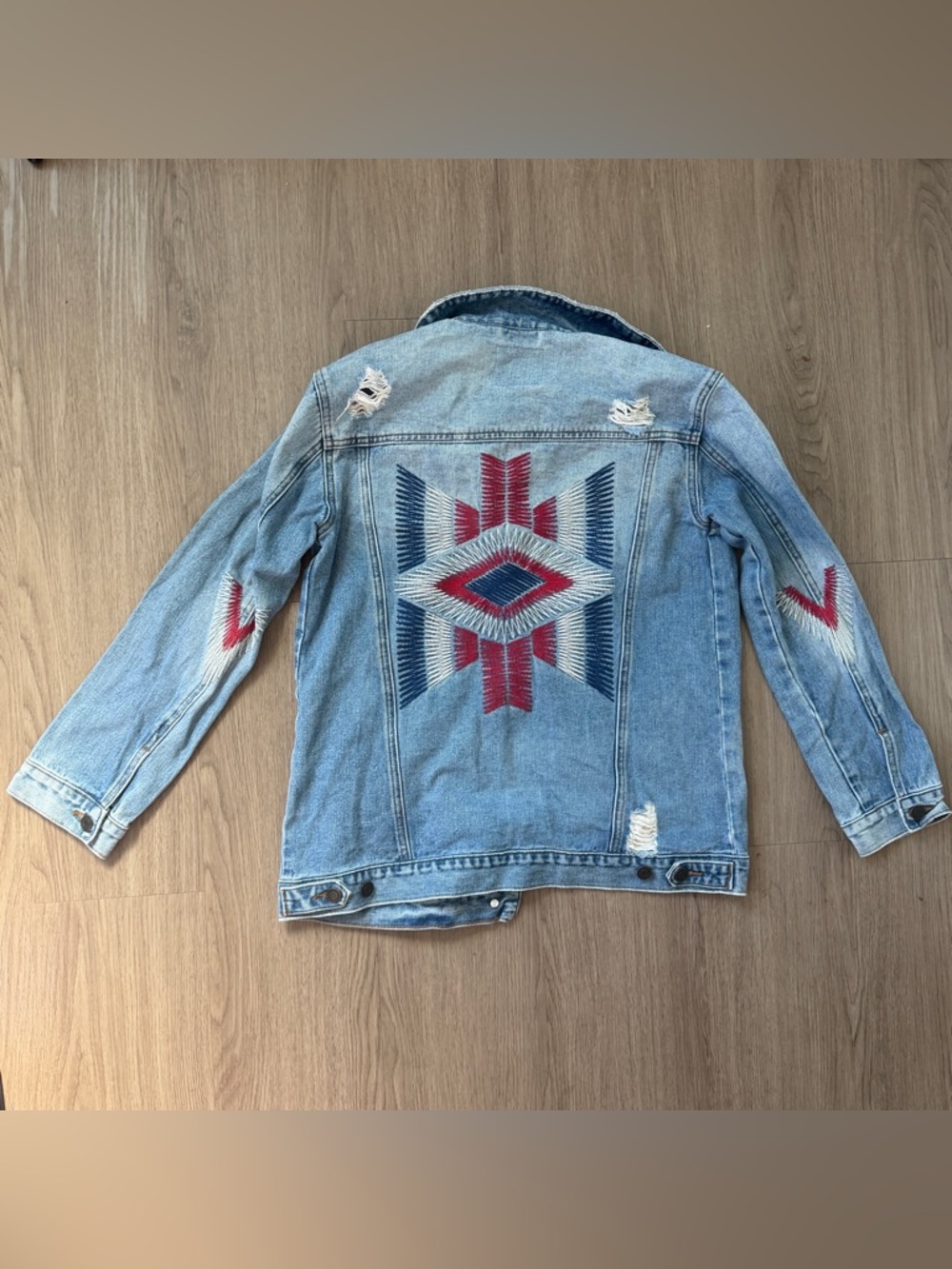 Embroidered Light Blue Denim Jacket with Red & Navy Aztec Design